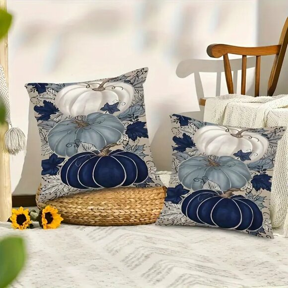 Contemporary Thanksgiving Fall Pillow Cases - Set of 2 - Blue Pumpkins - Picture 2 of 4